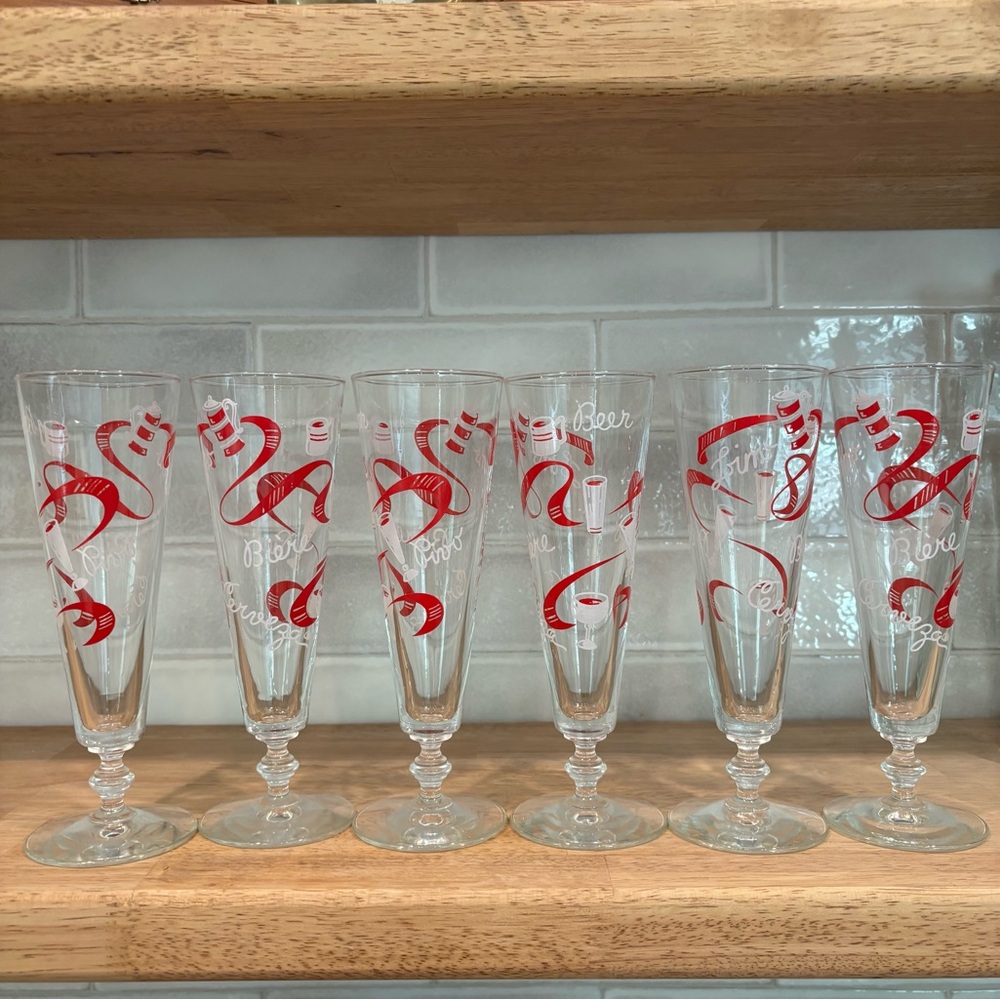 Set of 6 Red Ribbon Champagne Flutes